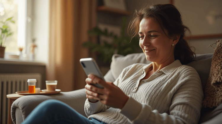 Woman on phone transferring prescriptions to RxVIP pharmacy