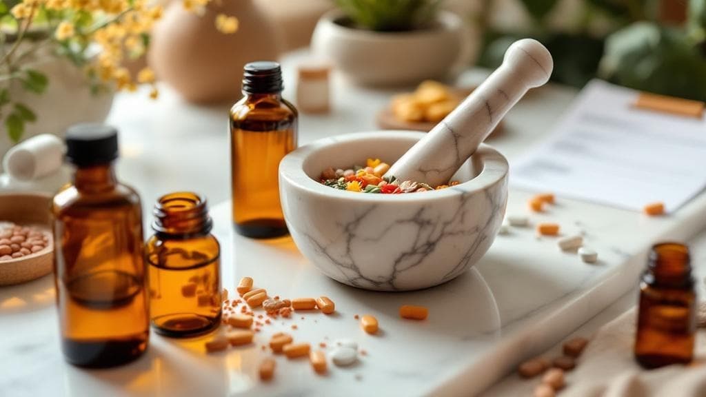 Professional compounding pharmacy workspace with mortar and pestle